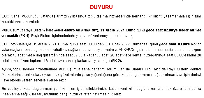 Ankara'da Toplu Ulaşıma Yılbaşı Düzenlemesi! Saat 03.00'e Kadar Uzatıldı