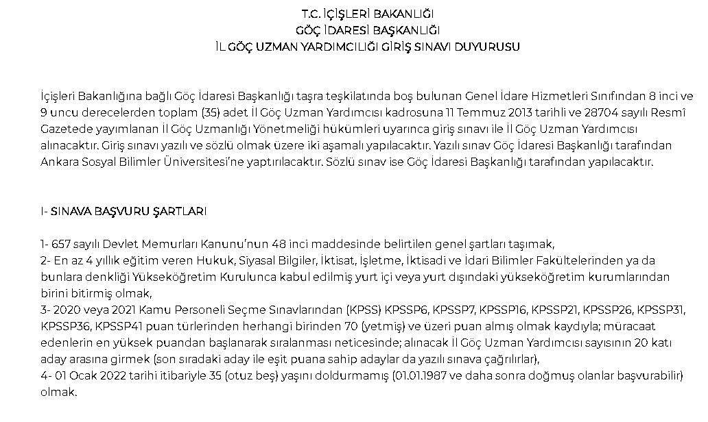 Göç İdaresi Başkanlığı 35 Uzman Yardımcısı Alacak! Başvuru Ekranı ve Şartları