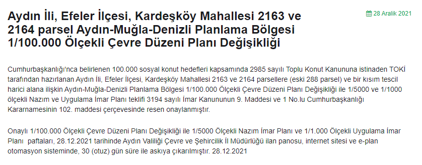 Aydın TOKİ Projesinde İmar Planı Değişti! Cumhurbaşkanı İmzaladı