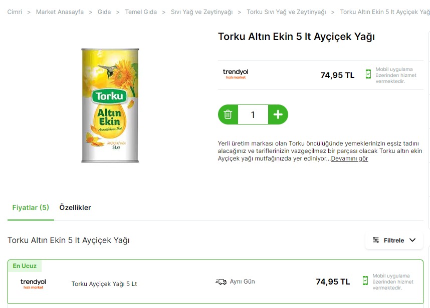 Ayçiçek Yağına Dev İndirim Torku'dan Geldi! En Ucuz Torku Altın Ekin 5 LT Teneke Ayçiçek Yağı Fiyatı 74.95 TL Oldu