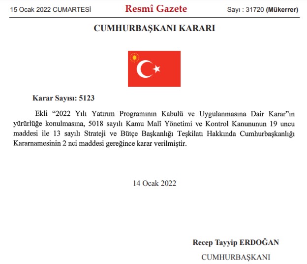 Son Dakika: Cumhurbaşkanlığı 2022 Yılı Yatırım Programı Resmi  Gazete İle Yayımlandı, Fiyat Farkı Kararı Çıktı!