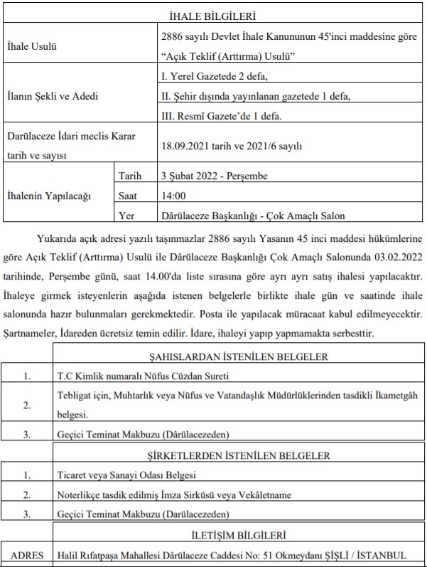 Darülaceze Başkanlığı Satılık Gayrimenkul Taşınmaz İhalesi Duyurusu Yayımlandı!