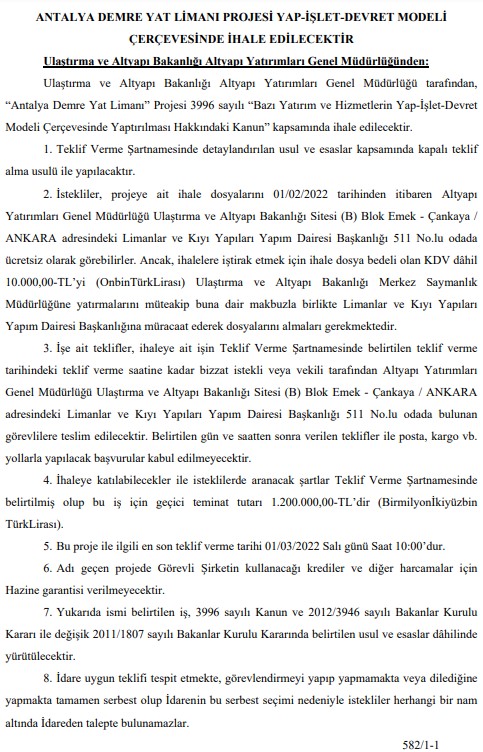 Ulaştırma Bakanlığı Antalya Demre Yat Limanı İçin Yap İşlet Devret YİD İhalesi İlanı Yayımladı!