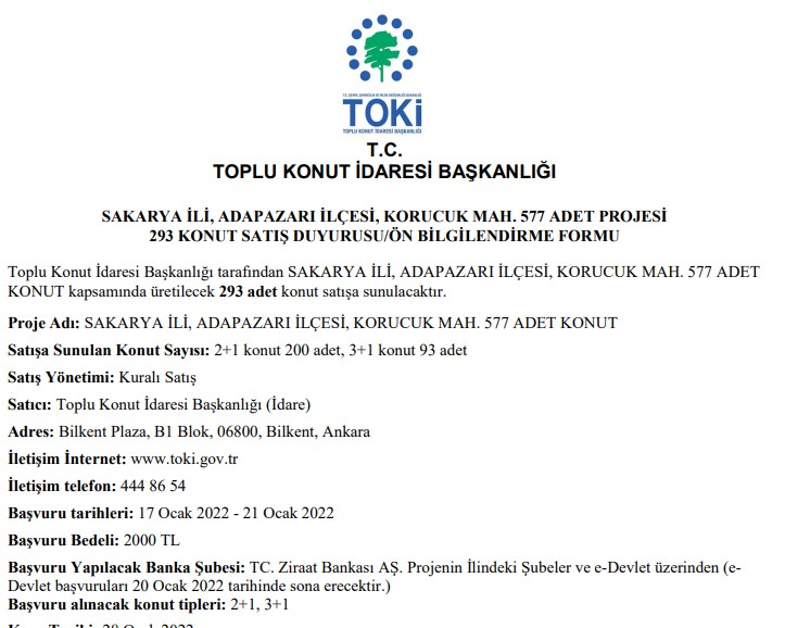 TOKİ Sakarya'da Bin 200 Lira Taksitle 2+1 3+1 Daire Satıyor! Başvuru Tarihi Belirlendi!