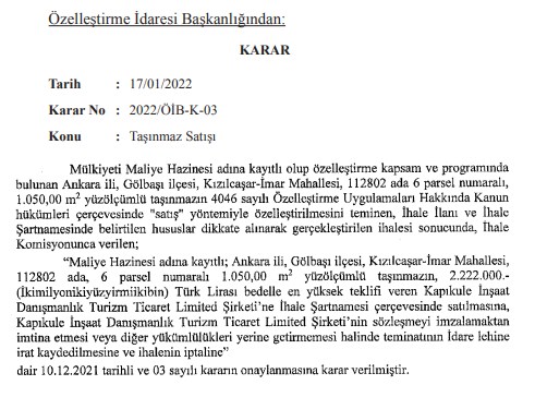 Ankara'da 4 Taşınmaz İçin Özelleştirme Kararı!