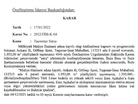 Ankara'da 4 Taşınmaz İçin Özelleştirme Kararı!