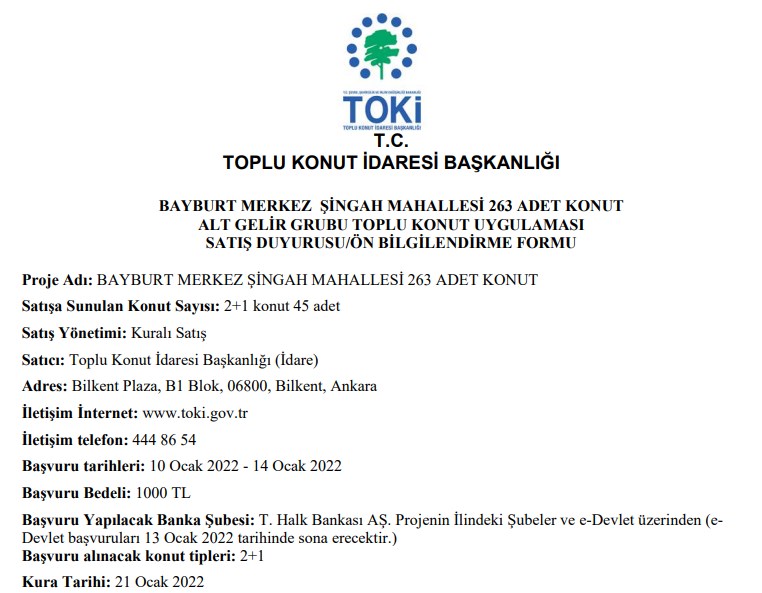 TOKİ Bayburt Merkez Şingah Kura Çekimi Ne Zaman? 263 Adet 2+1 Konut Kura Tarihi