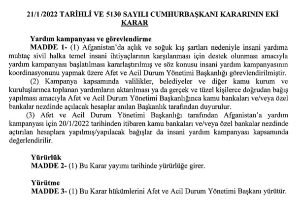 Cumhurbaşkanı Erdoğan İmzaladı: AFAD Afganistan'da İhtiyaç Sahipleri İçin Yardım Kampanyası Düzenlenecek!