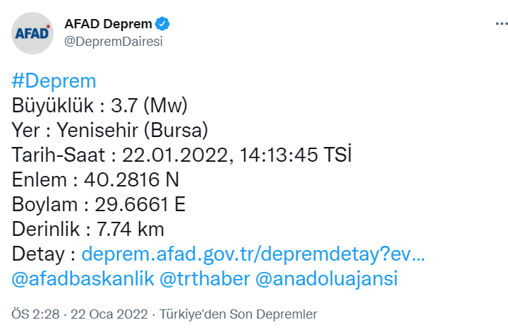 Son Dakika! AFAD Duyurdu: Bursa'da 3.7 Büyüklüğünde Deprem!