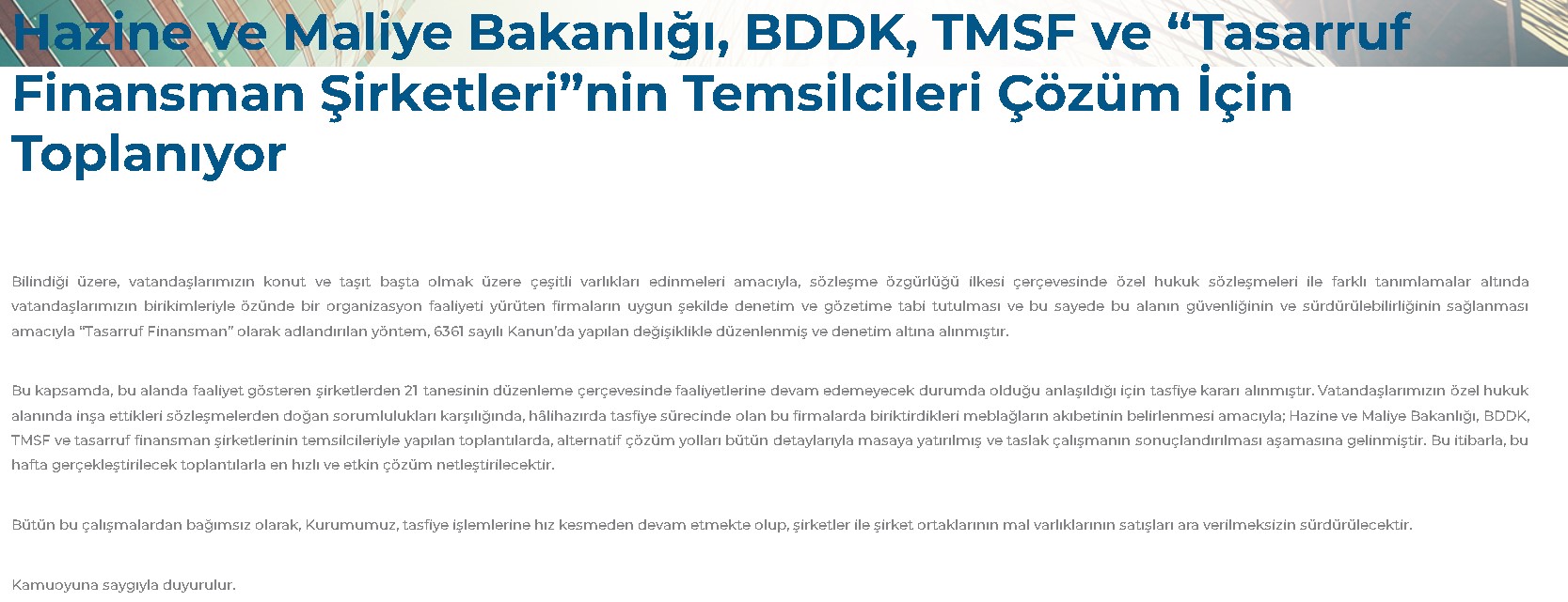 TMSF Açıklama Yaptı: Tasarruf Finansman Şirketi Evim Mağdurları İçin Beklenen Adım Atılıyor