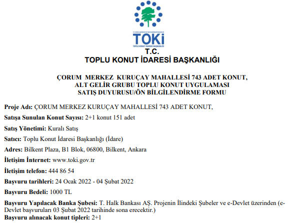 TOKİ Çorum Merkez Kuruçay Başvuruları Ne Zaman? Kuruçay TOKİ Başvuru Tarihi