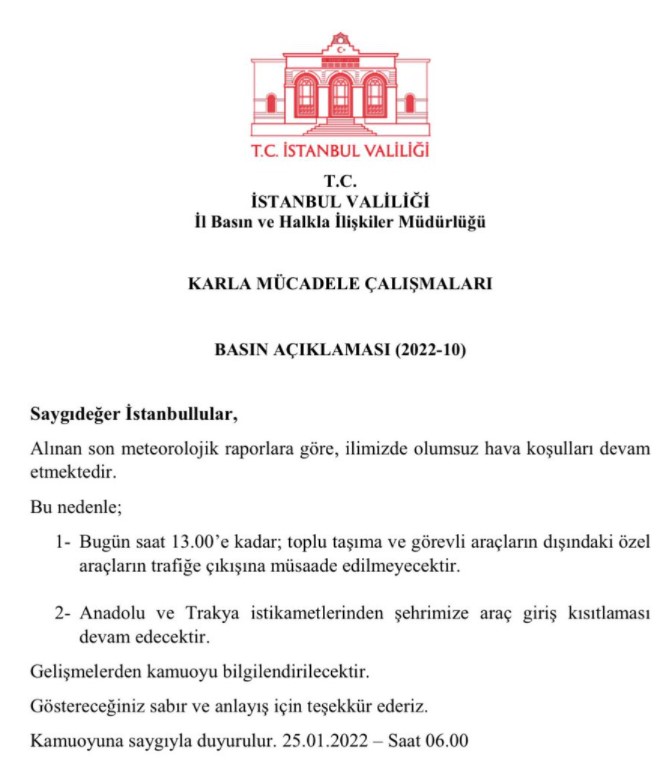 İstanbul Valiliği Son Dakika Açıklaması Yaptı, İstanbul'da Kar Nedeniyle Özel Araçların Trafiğe Çıkışı Yasaklandı