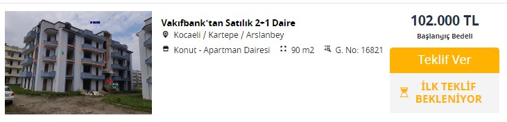 Vakıfbank'tan 90 m2 Büyüklükte 2 Oda 1 Salon Boş Daire Aldım Diyene 102.000 Lira