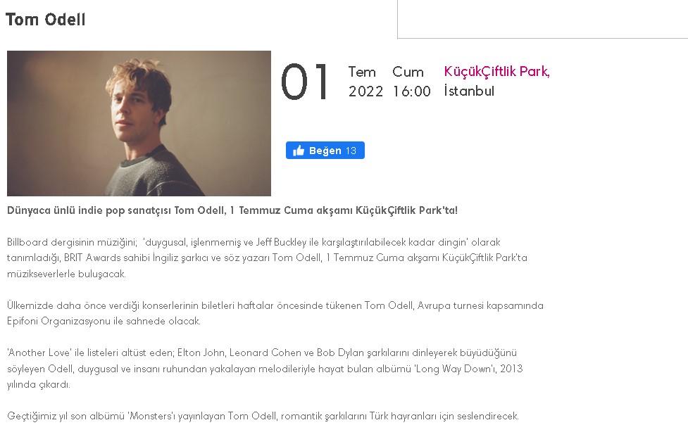 Tom Odell Türkiye İstanbul Konseri 2022! Küçükçiftlik Park Biletix Bilet Fiyatları, Konser Tarihi Ne Zaman, Saat Kaçta?