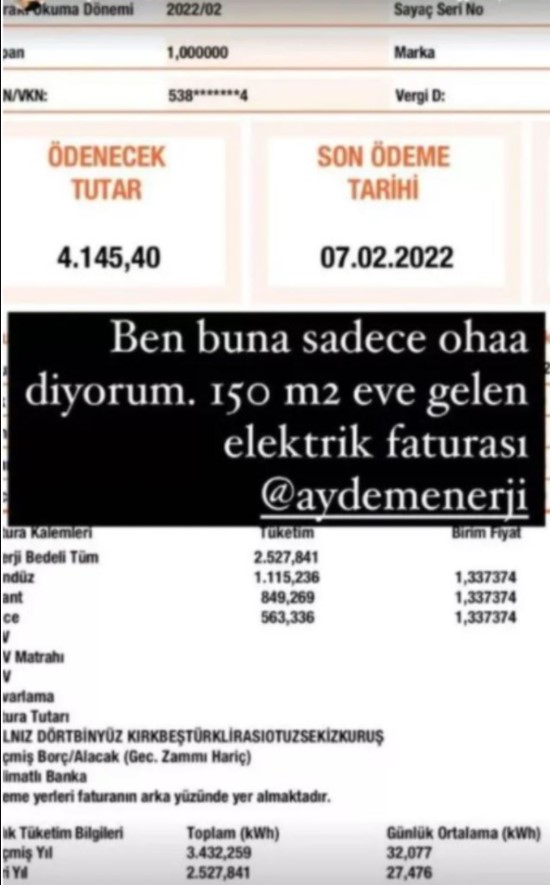 Seray Sever 150 M2 Evine Gelen 4 Bin Liralık Elektrik Faturasını Oha Diyorum Diyerek Paylaştı!