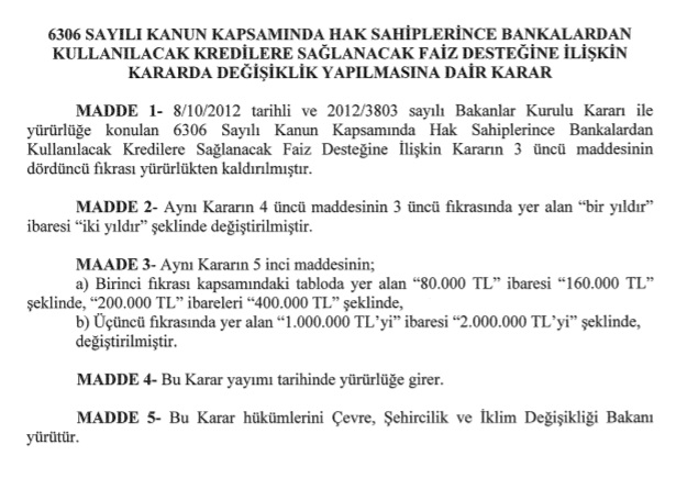 Kentsel Dönüşümde Banka Kredisi Faiz Destekleri Değişikliğine Dair Cumhurbaşkanı Kararı Resmi Gazete'de Yayımlandı!