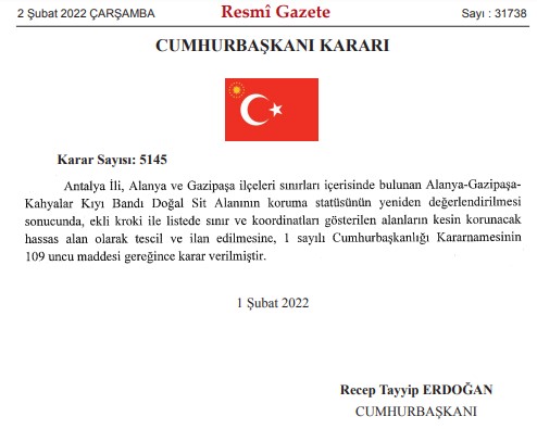 Alanya Gazipaşa Kayalar Kıyı Bandı, Cumhurbaşkanı Kararı İle Kesin Korunacak Hassas Alan İlan Edildi