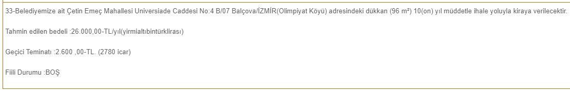 İzmir Genelinde Dükkanlar Kiraya Verilecek! 680 TL Muhammen Bedelle 10 Yıl Süreli