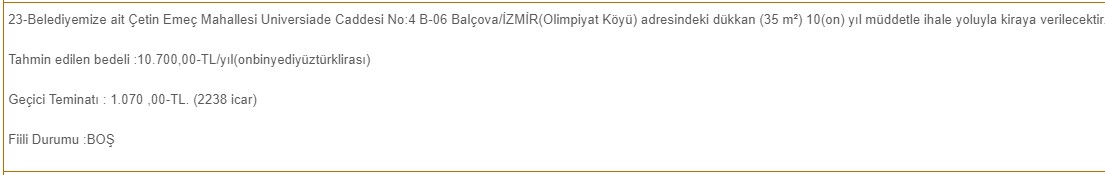 İzmir Genelinde Dükkanlar Kiraya Verilecek! 680 TL Muhammen Bedelle 10 Yıl Süreli