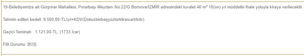 İzmir Genelinde Dükkanlar Kiraya Verilecek! 680 TL Muhammen Bedelle 10 Yıl Süreli