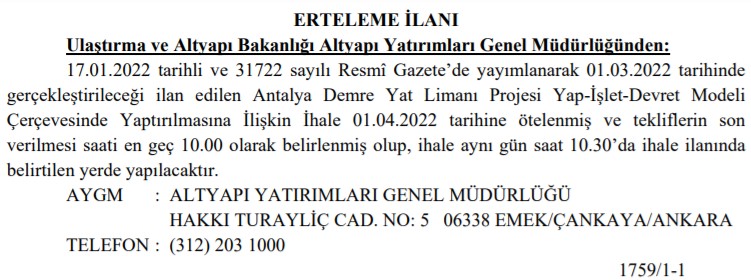 Ulaştırma Bakanlığı Açıkladı: Antalya Demre Yat Limanı Projesi İhalesi Ertelendi