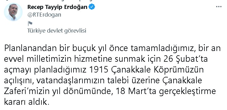 Cumhurbaşkanı Erdoğan 1915 Çanakkale Köprüsü Açlış Tarihini Duyurdu!