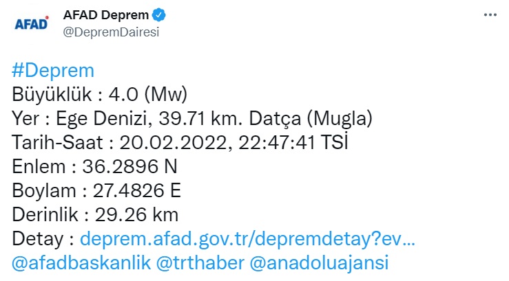 AFAD'dan Son Dakika Duyurusu! Muğla Datça Ve Tekirdağ Şarköy Deprem İle Sallandı!