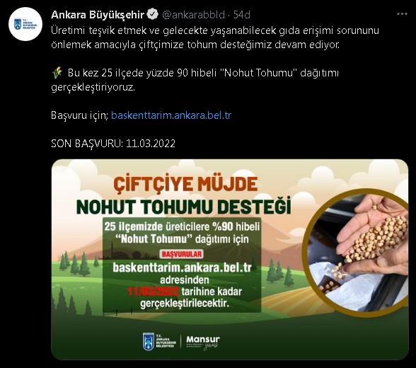 Ankara Büyükşehir Belediyesi Çiftçilere Nohut Tohumu Dağıtacak! Başvurular Başladı!