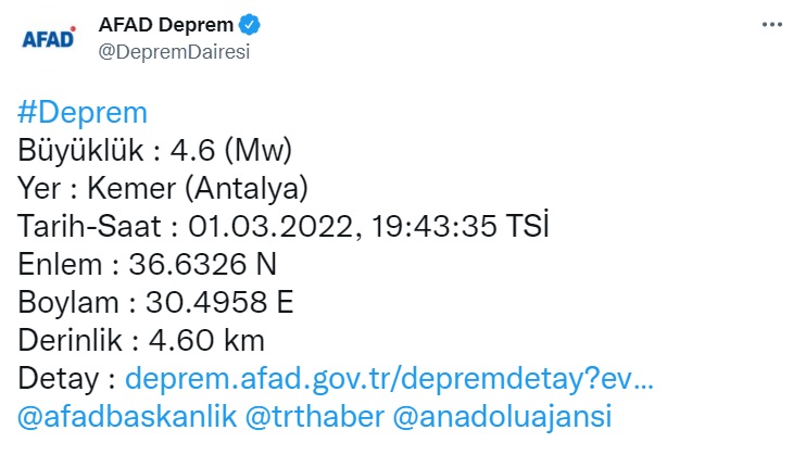 AFAD Son Dakika Deprem Açıklaması! Antalya'nın Kemer İlçesi Fena Sallandı!