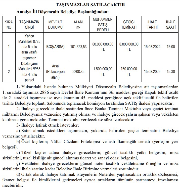 Antalya'nın En Güzel Yerinde Satılık Arsa İlanları! Antalya Döşemealtı Belediyesi İhaleyle Satacak