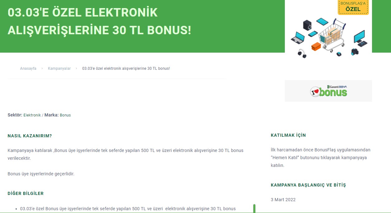 Garanti Bankası'ndan 03.03 Kampanyası! Bugün Alışveriş Yapan Bonus Kredi Kartı Sahiplerine 30 TL Hediye Para
