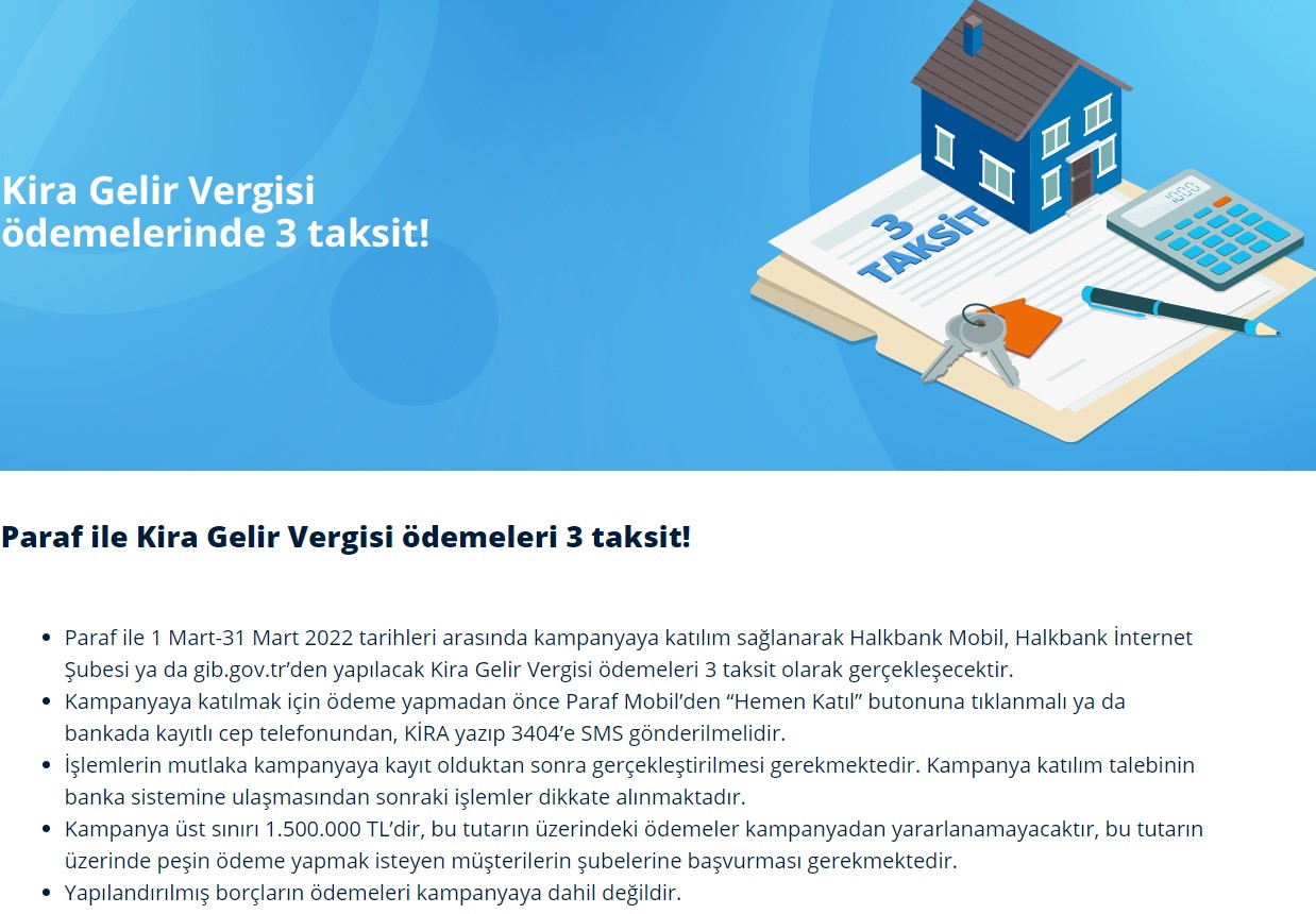 Kira Gelir Vergisi Ödeyeceklere Kredi Kartına 3 Taksit Kampanyası!