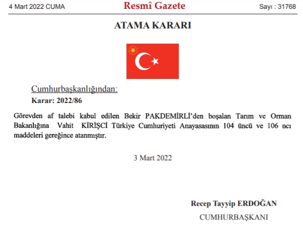 Kabinede Değişiklik Resmi Gazete'de! Tarım Ve Orman Bakanı Bekir Pakdemirli İstifa Etti, Yerine Atanan İsim Belli Oldu!