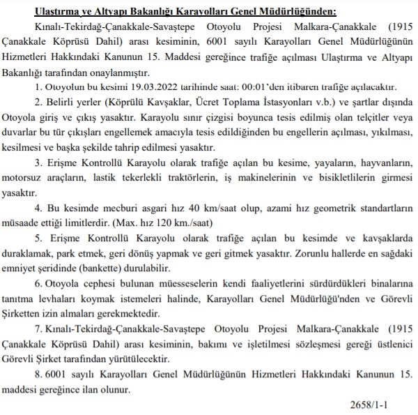 Beklenen Tarih Resmi Gazete'de Yayımlandı! Malkara - Çanakkale Kesimi ve 1915 Çanakkale Köprüsü Trafiğe Açılıyor!