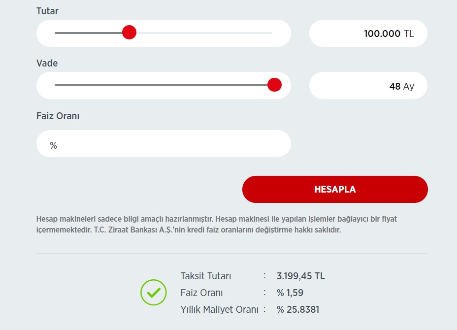 Ziraat Bankası 100 Bin TL, 150 Bin TL, 200 Bin TL Taşıt Kredisi Taksit Tabloları