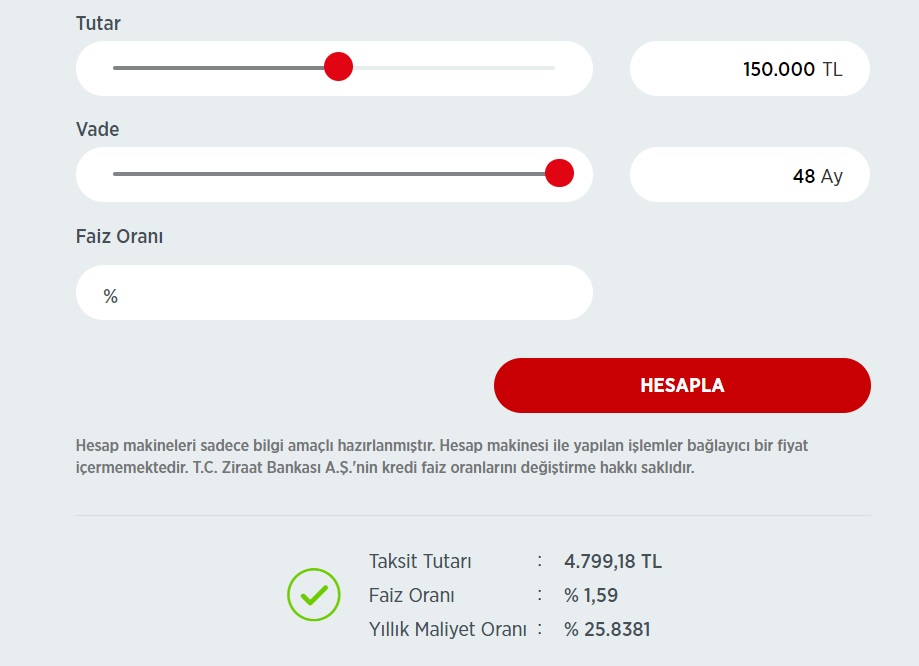 Ziraat Bankası 100 Bin TL, 150 Bin TL, 200 Bin TL Taşıt Kredisi Taksit Tabloları
