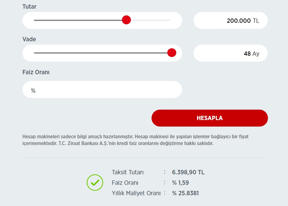 Ziraat Bankası 100 Bin TL, 150 Bin TL, 200 Bin TL Taşıt Kredisi Taksit Tabloları