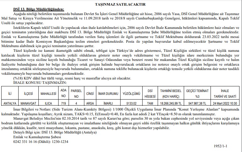 Fırsat Arayan Arsa Yatırımcıları Dikkat! DSİ 13. Bölge Müdürlüğü İhale İle Satışa Çıktı