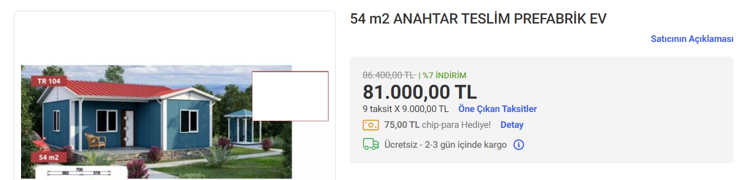 54 Metrekare Anahtar Teslim Prefabrik Ev 9 Taksit Fırsatı İle 81 Bin TL'ye Satılıyor