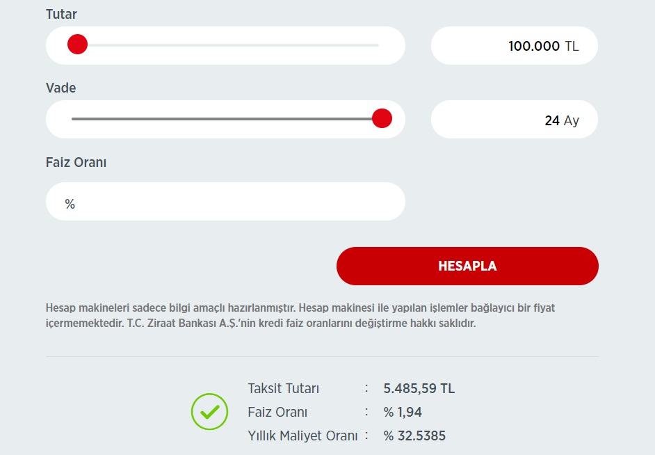 Ziraat Bankası 50 Bin TL, 75 Bin TL, 100 Bin TL İhtiyaç Kredisi Taksit Hesaplamaları