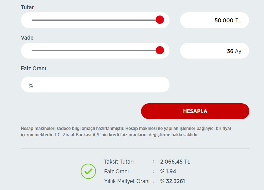 Ziraat Bankası 50 Bin TL, 75 Bin TL, 100 Bin TL İhtiyaç Kredisi Taksit Hesaplamaları