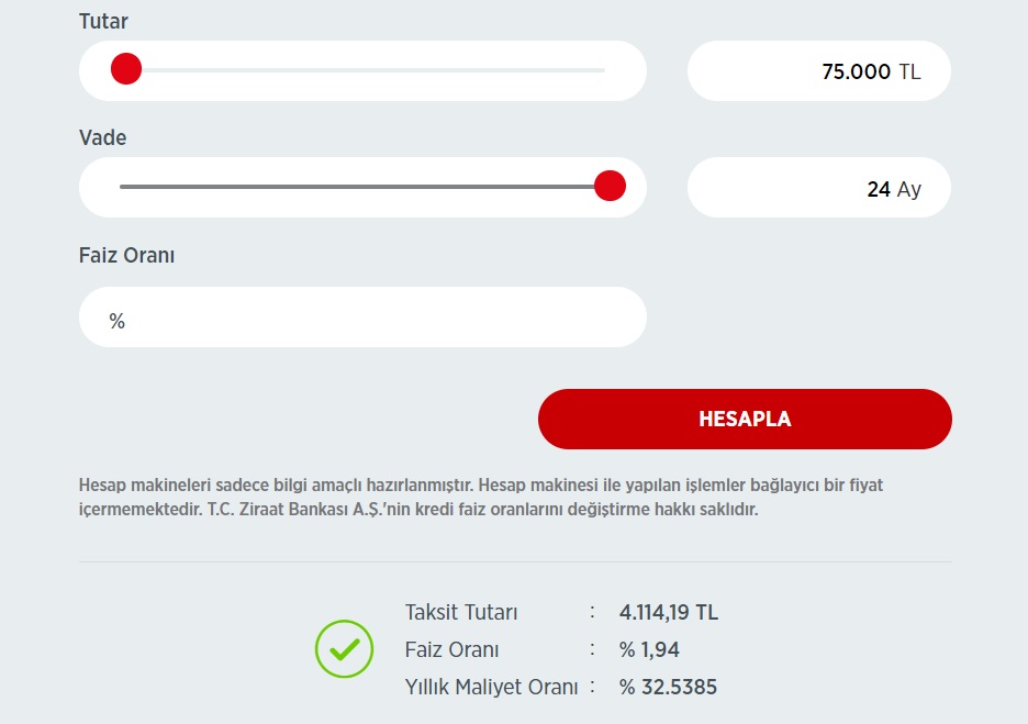 Ziraat Bankası 50 Bin TL, 75 Bin TL, 100 Bin TL İhtiyaç Kredisi Taksit Hesaplamaları