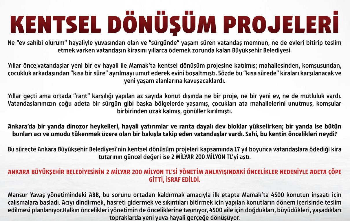 Kentsel Dönüşüm Projeleri İçin Ankara Büyükşehir Belediyesi 17 Senede 2 Milyar Kira Yardımı Ödemiş