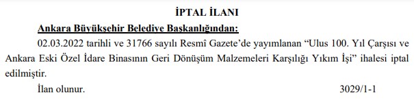 Ulus 100. Yıl Çarşısı ve Ankara Eski Özel İdare Binası Yıkım İhalesi İptal Edildi!