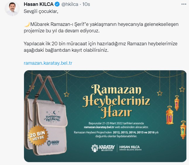 Karatay Belediyesi Ramazan Heybesi Başvuru Formu Linki: 20 Bin Çocuğa Ramazan Hediyesi Nereden, Nasıl Alınır?