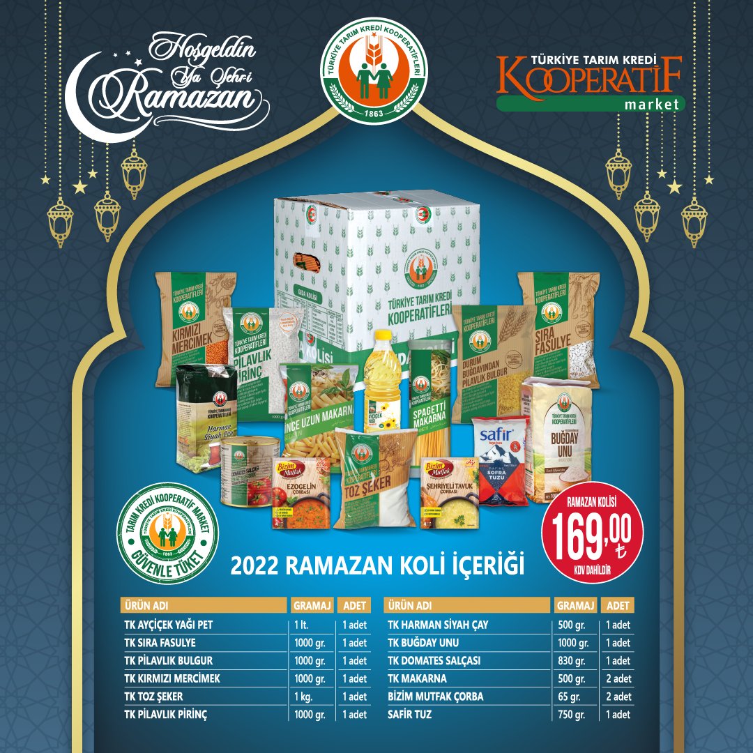 169 TL'ye KG'lık 12 Ürünle Ramazan Kolisi! Tarım Kredi Marketlerden Her Mutfağa Lazım Paket