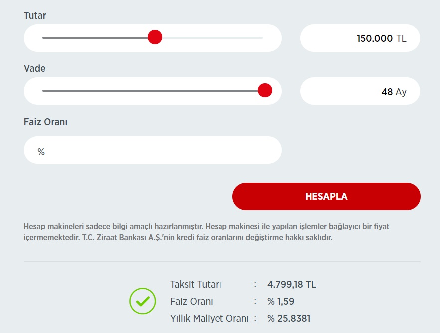 Ziraat Bankası Ve Halkbank 100 Bin TL İhtiyaç Kredisi, 150 Bin TL Taşıt Kredisi, 250 Bin TL Konut Kredisi Hesaplamaları