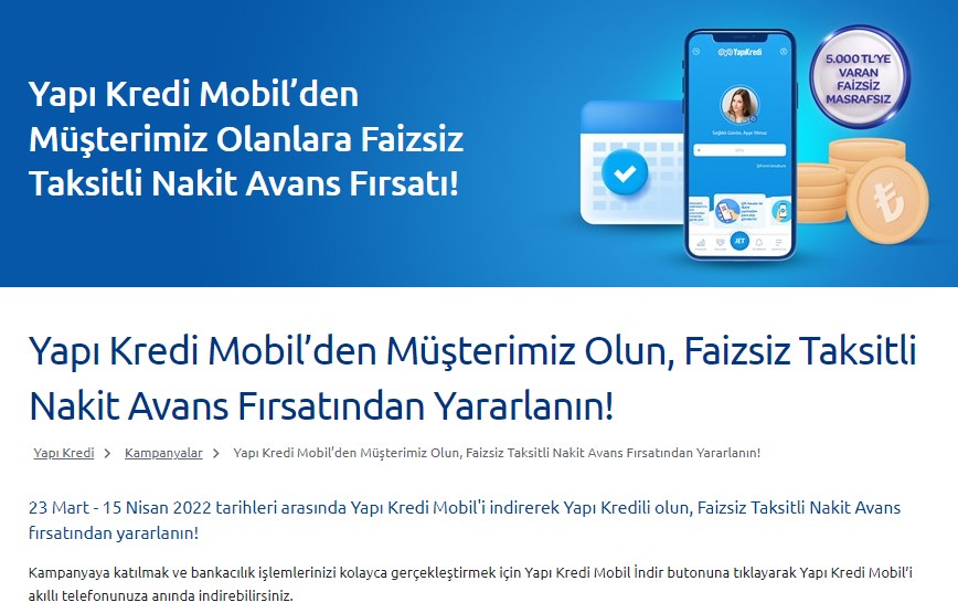 Yapı Kredi Mobil Üzerinden Müşteri Olanlara Faizsiz, Masrafsız 5 Bin TL Taksitli Nakit Avans