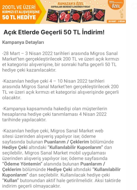 Migros İnternetten Alana İndirim Açıkladı: Sanal Markette Kırmızı Et Fiyatlarına 50 TL İndirim