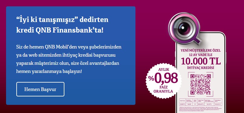 İlk 3 Ay Tek Kuruş Para Ödemeyeceksiniz! QNB Finansbank Günlük 15 TL Taksitle 10.000 TL Tanışma Kredisi Veriyor